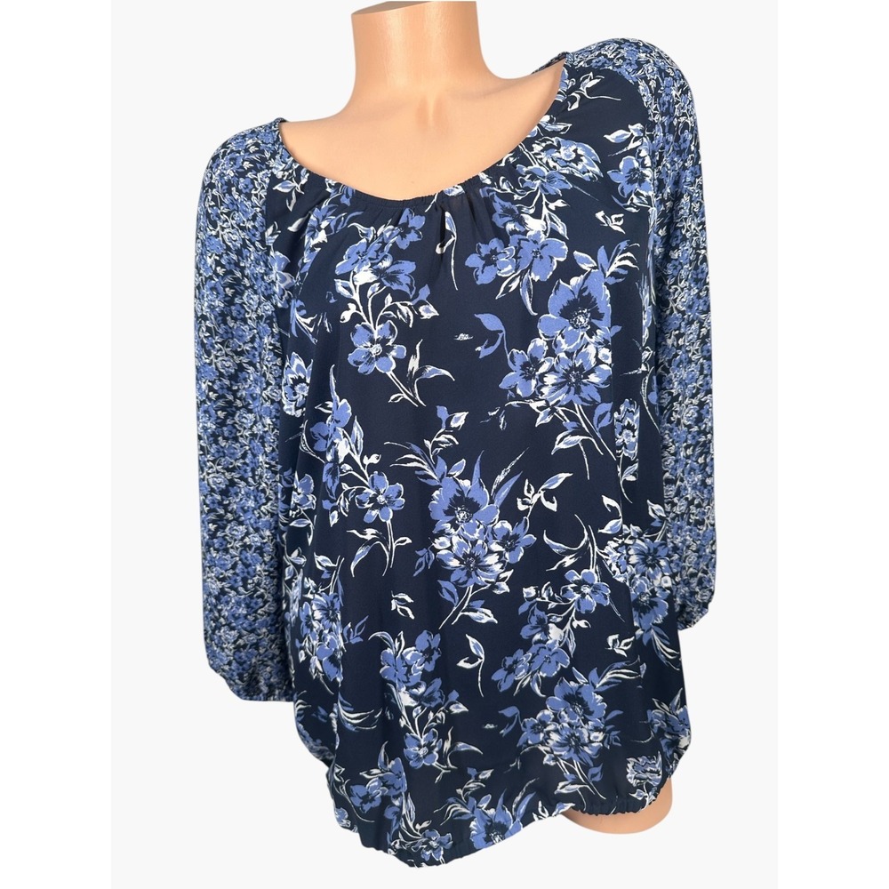 Croft & Barrow Large Womens Blouse 3/4 Sleeve Blue Floral Boho Peasant Elastic